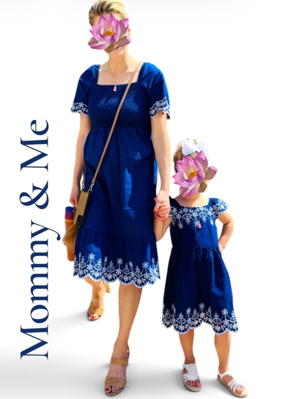 Matching “Mommy & Me” Dresses Navy & White W/ Embroidery- Sz Adult S/P & Girls